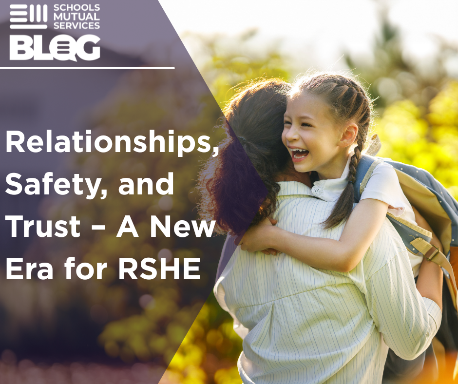 A smiling, primary school aged girl in school uniform hugging an adult female outside school. This represents rshe and relationships for pupils and students