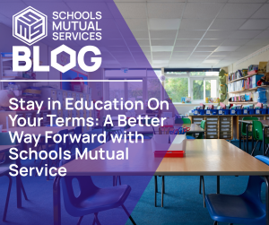 A bright, empty primary school classroom with tables, chairs, and learning materials, overlaid with a purple graphic displaying the Schools Mutual Services logo and the headline “Stay in Education On Your Terms: A Better Way Forward with Schools Mutual Service.”
