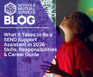 A young girl in a red shirt looks up at a glowing bubble column. Overlaid text: "Schools Mutual Services Blog: What It Takes to Be a SEND Support Assistant in 2026."