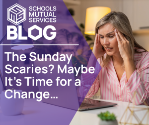 A woman in pajamas looks stressed, holding her head in front of a laptop. Text reads, "The Sunday Scaries? Maybe It’s Time for a Change…" on a purple overlay.